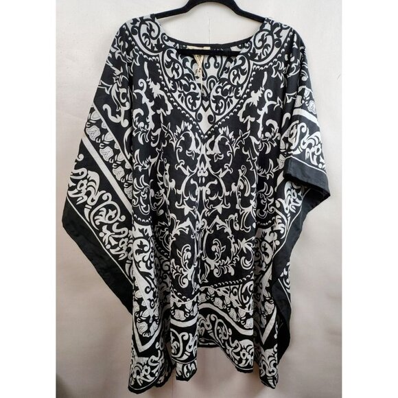 GYPSIE Blu Black White Damask Swim Cover Up Dress NEW Cuftan One Size - Picture 1 of 10